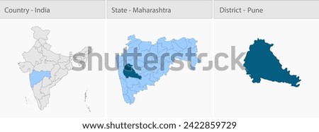 Pune Map, Pune district map, Maharashtra state map, Mumbai, showing its cities, Indian map, vector, EPS, illustrator,  Government of India, politics, film city, tourists,  Royalty-Free Stock Photo #2422859729