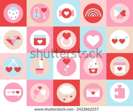 Seamless pattern for Valentine's Day. Trendy background in mosaic style. Cute romantic elements on quilt. Geometric style for Background, Card, Poster, Flyer. Vector illustration in flat style