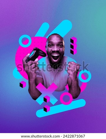 Happy smiling African man with game controller showing winning emotions, playing online video games against gradient neon background. Concept of gaming culture, online gaming, streaming