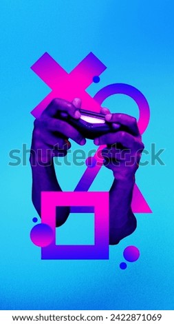 Hands holding game controller with geometric shapes against gradient neon background. Growing popularity of gaming industry. Concept of gaming culture, online gaming, streaming