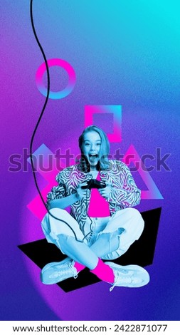 Excited young girl with game controller sitting cross-legged and playing video games against gradient neon background. Concept of gaming culture, online gaming, streaming. Noisy, grainy effect