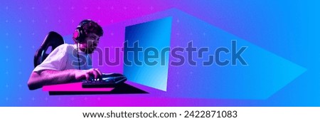 Emotional and concentered young man, streamer, gamer during game tournament, playing on computer against gradient neon background. Concept of gaming culture, online gaming, streaming