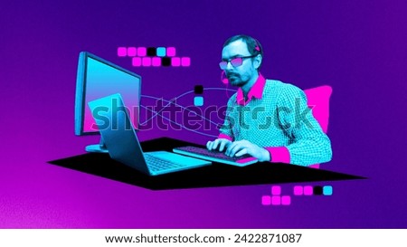 Man, streamer, programmer in headphones typing on keyboard, on monitor, laptop against gradient neon background. Streaming services. Concept of gaming culture, online gaming. Noisy, grainy effect