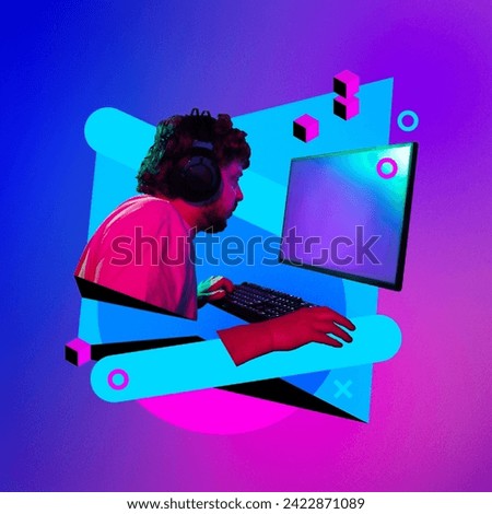 Young man in headphones sitting and looking in monitor, focused player engaging in competitive play against gradient neon background. Streaming. Concept of gaming culture, online gaming, streaming