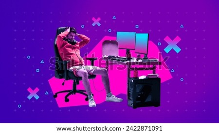 Stressed man, gamer, streamer sitting near monitor setup with pizza box and bottles around against gradient neon background. Game failure. Concept of gaming culture, online gaming, streaming