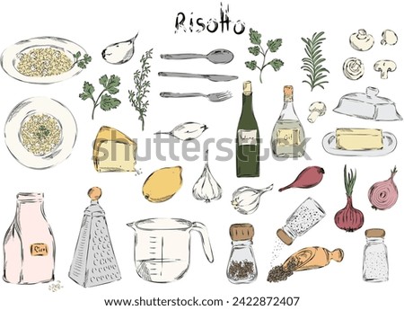 Graphic risotto hand drawn vector illustration. Ingredients for Italian restaurant or mediterranean food. Spaghetti and ravioli  food elements clip art. Delicious Italian appetizer 