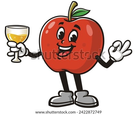 Apple with a glass of drink and okay hand pose cartoon mascot illustration character vector clip art hand drawn
