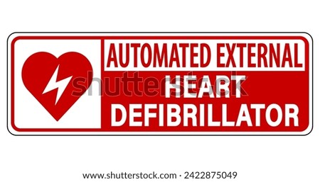 Automated external heart defibrillator. Sign on red background with symbol and text. Horizontal strip. Sticker. Royalty-Free Stock Photo #2422875049