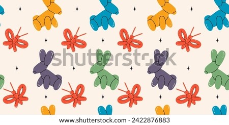 Seamless pattern with bunny balloons. Bright colorful repeating elements. Stock illustration. Vector seamless pattern of cute cartoon bubble animal in color.