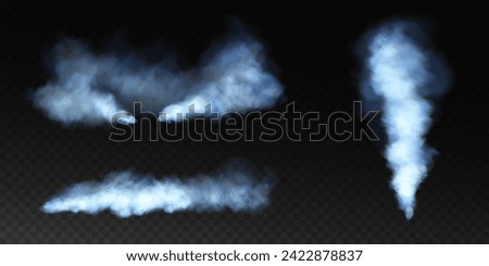 Fog or smoke, white and blue smog clouds on floor, isolated transparent special effect. Vector illustration, morning fog over land or water surface, magic haze. Royalty-Free Stock Photo #2422878837