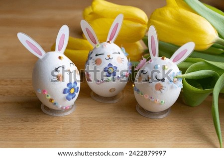 Easter eggs set. Cute happy Easter eggs cartoon character. Happy Easter Card. Easter banny eggs.