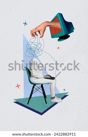 Vertical surreal photo collage with headless woman sit on chair hold laptop work browsing hand from screen control mind misleading Royalty-Free Stock Photo #2422882911