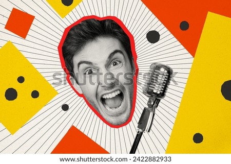 Photo collage creative picture young shouting mad guy performance singer microphone karaoke club furious abuse drawing background