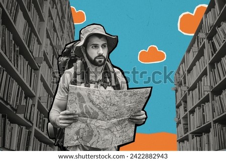 Creative photo collage young man tourist go discover explore lost path map search library bookshelves reader knowledge education