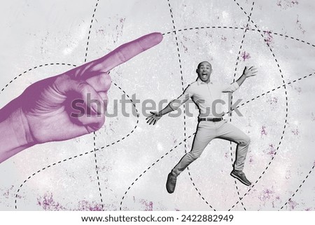 Artwork collage image of big black white effect arm point finger show direction overjoyed mini guy jump isolated on creative background