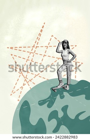 Vertical collage image of positive black white effect girl ride skateboard drawing planet earth world globe isolated on creative background