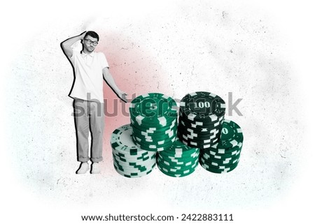 Artwork collage of mini black white effect clueless guy scratch head big pile stack casino chip tokens isolated on creative background