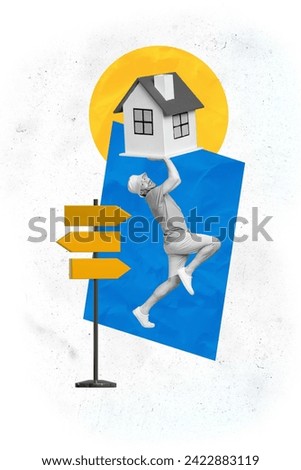 Vertical collage picture of excited black white effect guy arms hold little house building road sign pointers isolated on creative background