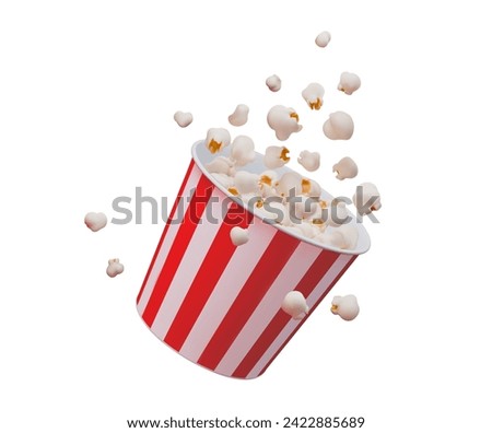 Realistic 3D popcorn bucket with pop corn explosion, isolated vector. Cinema theater pop corn or movie snack popcorn with explode from red white stripe basket for product package or movie theater bar Royalty-Free Stock Photo #2422885689