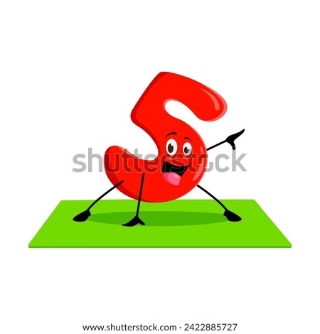 Cartoon math number five character on yoga fitness sport. Isolated vector 5 digit stretches and bends forming asana poses, turning mathematical learning into an entertaining numerical adventure