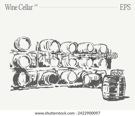 A wine cellar showcasing stacked barrels. Hand drawn vector illustration, sketch. Royalty-Free Stock Photo #2422900097