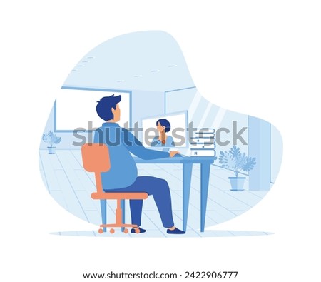 Online interview. Man talking to a young woman on a video call on his computer. flat vector modern illustration 