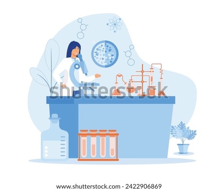  Medical tests. Chemical laboratory analysis laboratory analysis women laboratory assistant, microscope, medical office, laboratory. flat vector modern illustration 