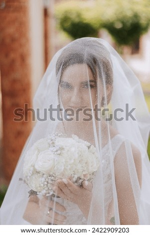 portrait of a beautiful young bride in a white dress with a long veil and a gorgeous hairstyle. Smiling bride. Wedding day. Gorgeous bride. Marriage.