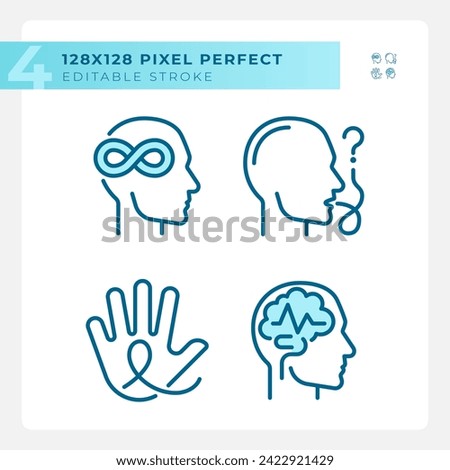 Neurology diseases light blue icons. Neurological illness. Intellectual disability, brain damage. RGB color. Website icons set. Simple design element. Contour drawing. Line illustration Royalty-Free Stock Photo #2422921429