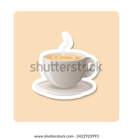 Cappuccino sticker illustration. Cup, saucer, coffee, steam. Editable vector graphic design. Royalty-Free Stock Photo #2422923993