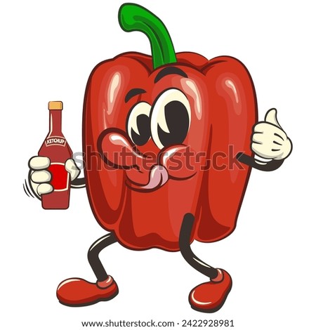 vector isolated clip art illustration of cute bell peppers mascot holding a bottle of ketchup, work of handmade