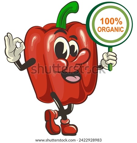 vector isolated clip art illustration of cute bell peppers mascot carrying a sign that says one hundred percent organic, work of handmade