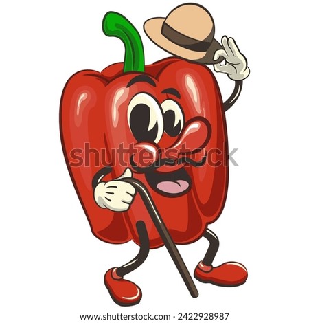vector isolated clip art illustration of cute bell peppers mascot carrying a stick and saluting with raised hat, work of handmade