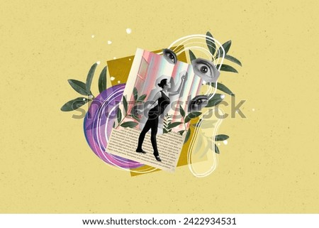 Creative photo collage young attractive girl gymnast ballerina dancer retro poster book page face fragments elements plant Royalty-Free Stock Photo #2422934531