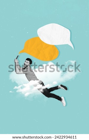 Vertical collage picture of astonished black white colors guy flying clouds sky use smart phone dialogue chat bubble isolated on teal background