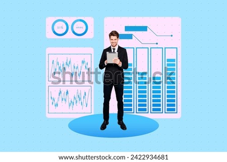 Photo collage banner template standing young businessman guy cheerful hold tablet browsing infographic statistic science data