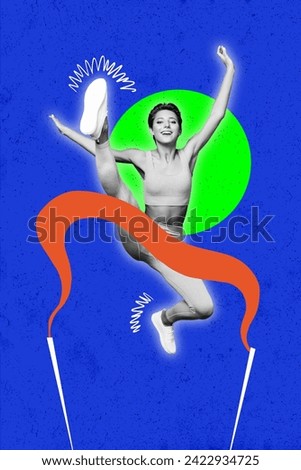 Vertical creative photo collage of free sportive beautiful girl jump over finish ribbon run competition cross on blue background