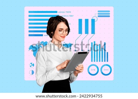 Creative picture banner poster young satisfied lady worker researcher infographic presentation statistic showing hold tablet Royalty-Free Stock Photo #2422934755