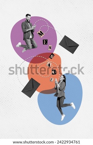 Vertical contemporary photo collage of two lovers man and woman floating hold mobile phone chatting messaging online internet connection