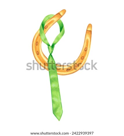 Green tie weights on a golden horseshoe.Watercolor and marker illustration.Clip art composition for St. Patrick's Day.Hand drawn isolated picture.Sketch of symbol of wealth and success.