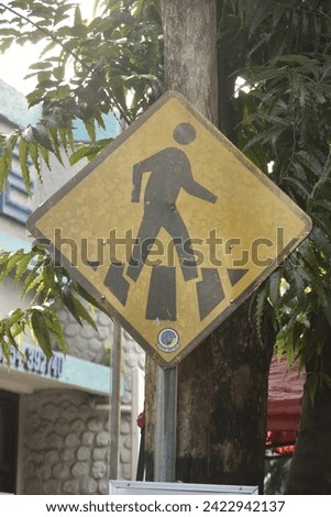 Zebra crossing, pedestrian cross warning traffic sign in yellow, isolated
