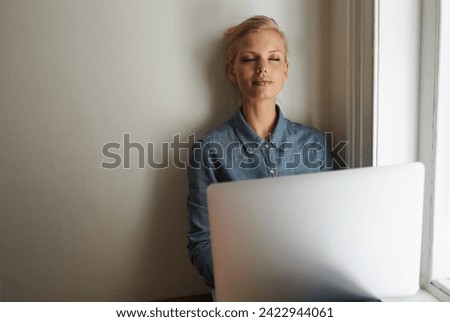Woman, freelancer and laptop for sleeping, remote work and internet connection at home for info. Female person, editor and website for research or online news, resting and burnout for article on tech