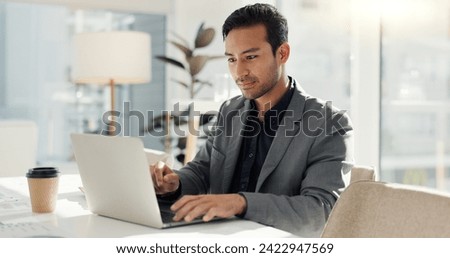Man in office with laptop, market research and notes for social media review, business feedback or planning. Thinking, search and businessman networking online for startup, website and writing report