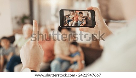 Phone screen, hand or countdown for family picture, photography and memory photo of home bonding, love and care. Home, smartphone UI or person count for relax grandparents, parents and kids together