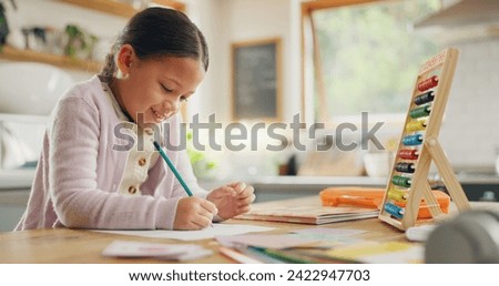 Education, writing and happy girl child in a kitchen with maths, homework or counting practice in her home. Learning, creative and female kid smile while drawing on a table for homeschool math lesson