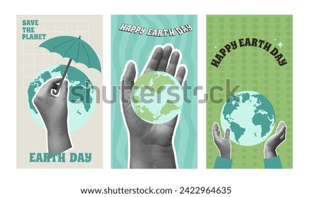 Earth day banners with collage hands sticker for social media. Save the planet retro vertical posters. Template for holiday design. Vector illustration.