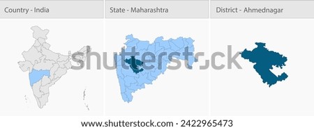 Ahmednagar Map, Ahmednagar district map, Maharashtra state map, Mumbai, showing its cities, Indian map, vector, EPS, illustrator,  Government of India, politics, film city, tourists,  Royalty-Free Stock Photo #2422965473