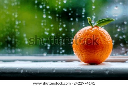 A single orange perched on a windowsill, dewdrops sparkling on its surface.