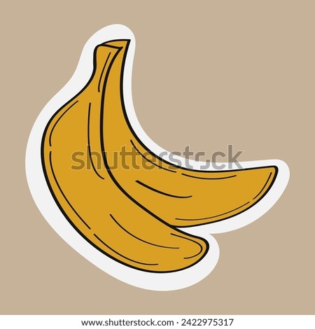 Food sticker of colorful set. This cheerful food-themed artwork display a vibrant cartoon design of bananas against a pastel-colored background. Vector illustration.