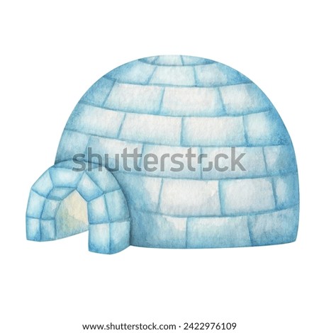 Watercolor illustration. Hand painted blue and white igloo house. Snow house in the North Pole. Icehouse in Arctic. Snow hut built from snow and ice. Traditional Inuit house. Isolated clip art